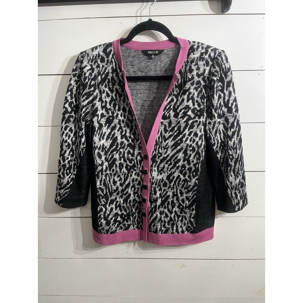 Women's XS Misook designer knit blazer cardigan sweater jacket Animal Print Pink